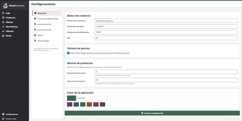 Configuración ficticia del comercio y sus alertas