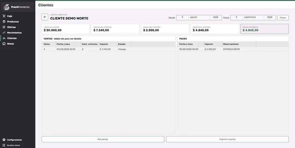 Cuenta corriente de un cliente ficticio con ventas, pagos y saldo