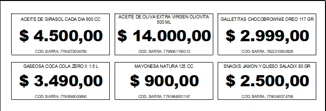 Etiquetas para góndola con descripción, precio y código de producto