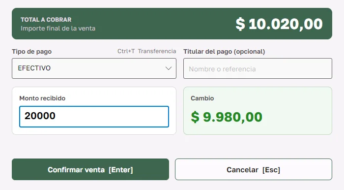 Diálogo de cobro con total, monto recibido y cambio