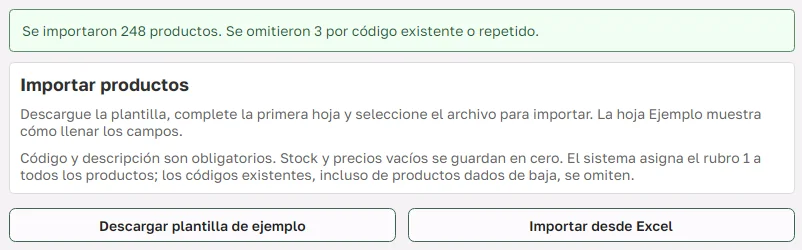 Pantalla de importación de productos desde Excel con el resultado de una carga ficticia