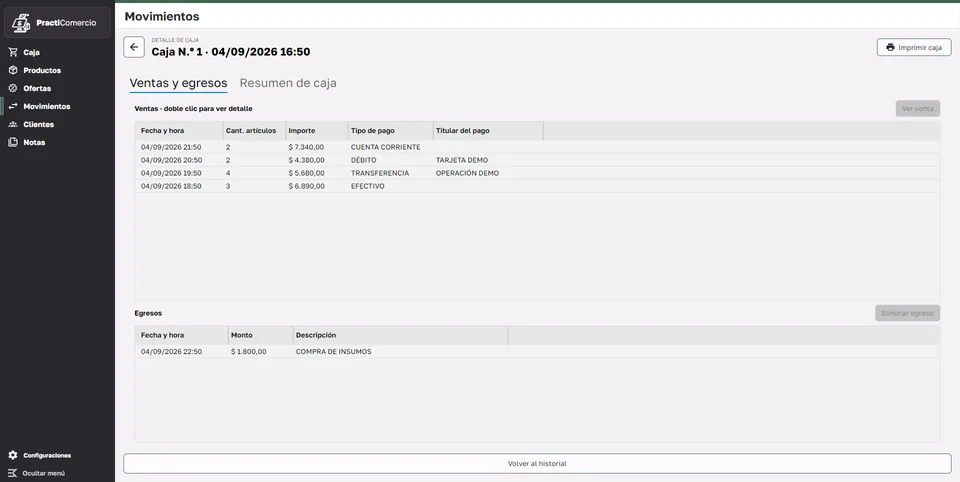 Detalle de ventas y egresos de una caja ficticia