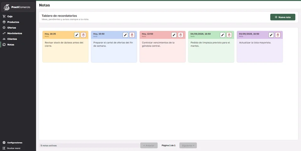 Tablero de notas operativas con recordatorios ficticios