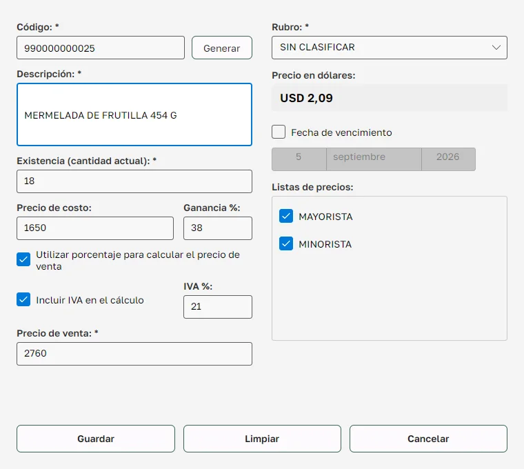 Editor de un producto ficticio con precios, stock e IVA