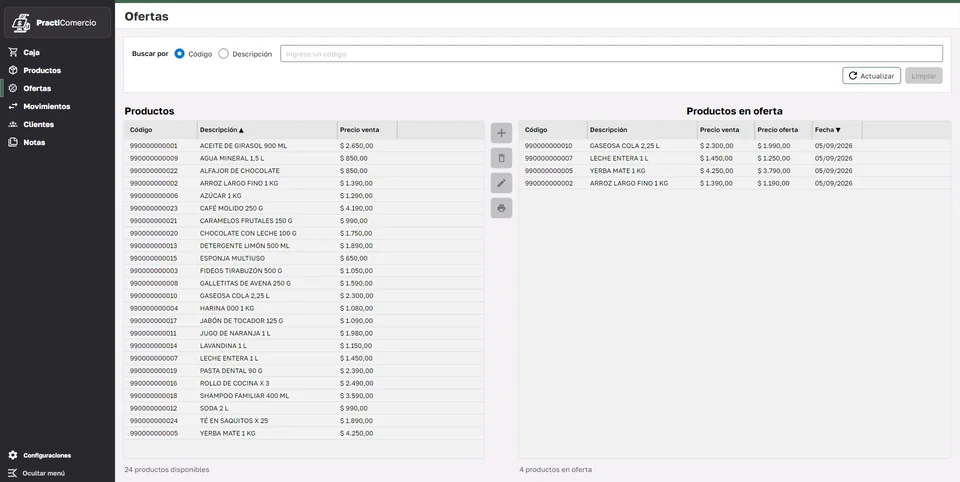 Panel de productos y ofertas vigentes