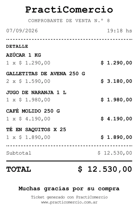 Ticket de venta generado por PractiComercio con productos, importe y total